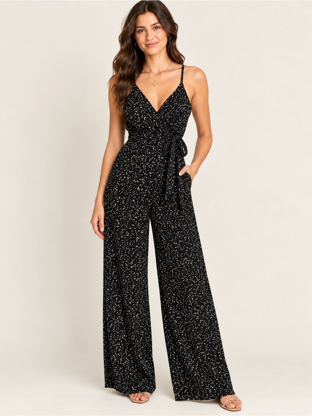 KaiLeigh Black Abstract Print Wide Leg Jumpsuit Size S EUC